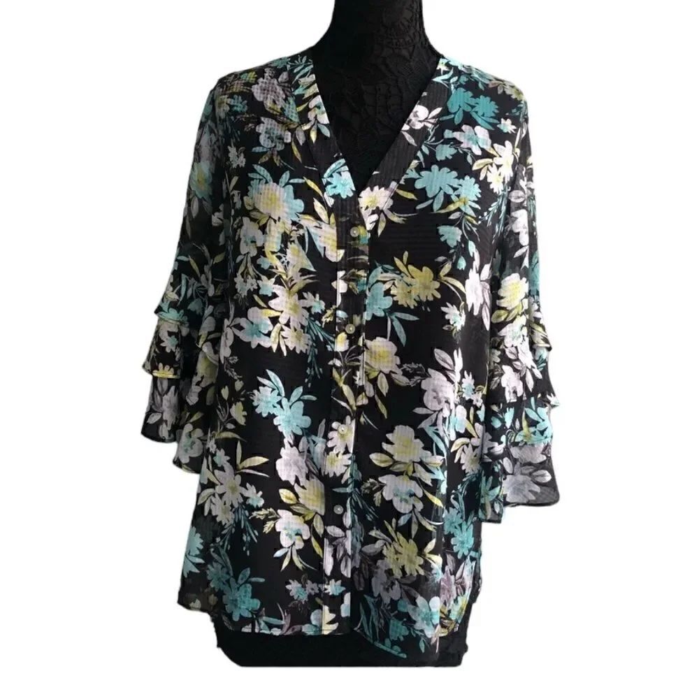 NEW DIRECTIONS Floral Blouse Top in Blue Yellow Black, White Size: Size: Medium